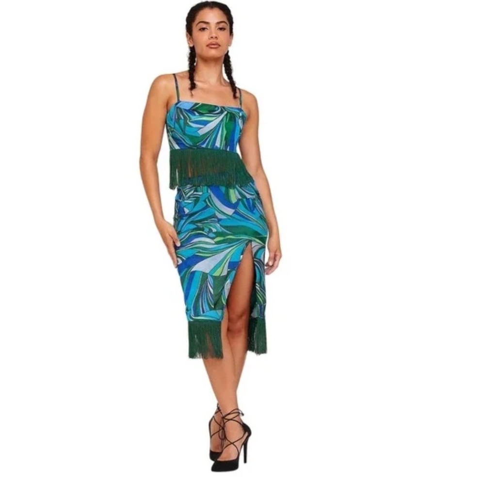 House of Harlow 1960 Blue Green Swirl Fringe Crop Top Midi Skirt Set M